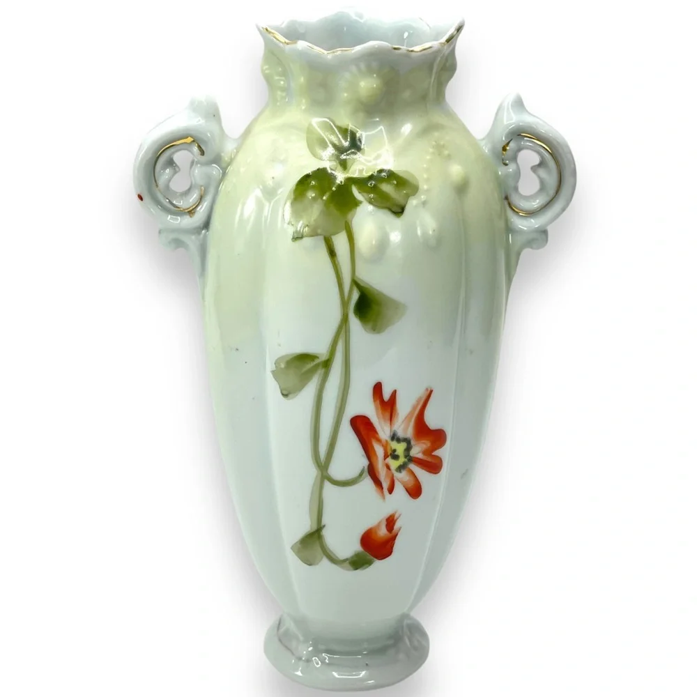 Nippon Hand-Painted Porcelian 2 Handle Vase Floral Lake  Pattern & Gold Trim